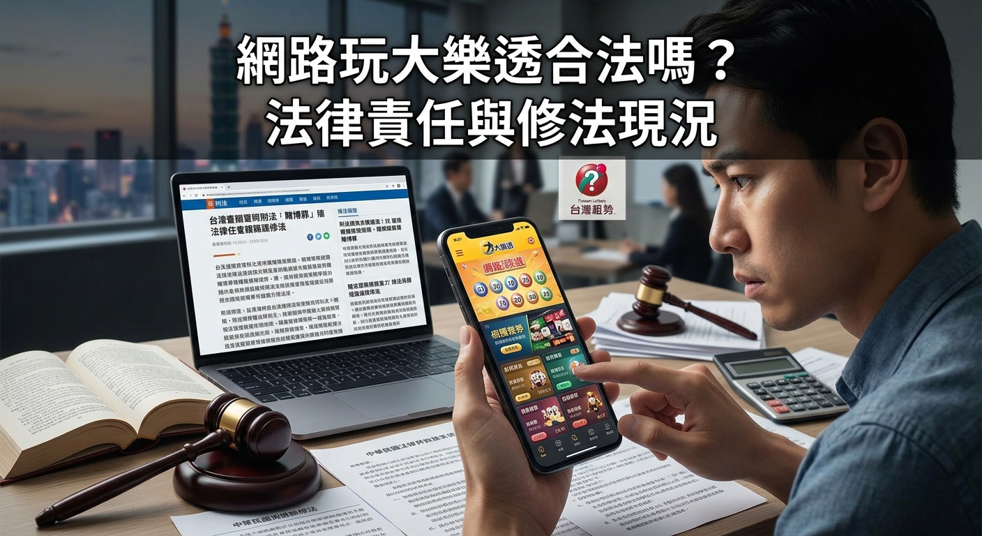 這張圖片展示了一名男子坐在桌前,一手握著顯示彩票App的智慧型手機,另一手操作著開啟法律文章的筆記型電腦。 桌上擺放著法官鎚與法律書籍,背景為城市夜景,頂部則帶有清晰標題「網路玩大樂透合法嗎?法律責任與修法現況」。