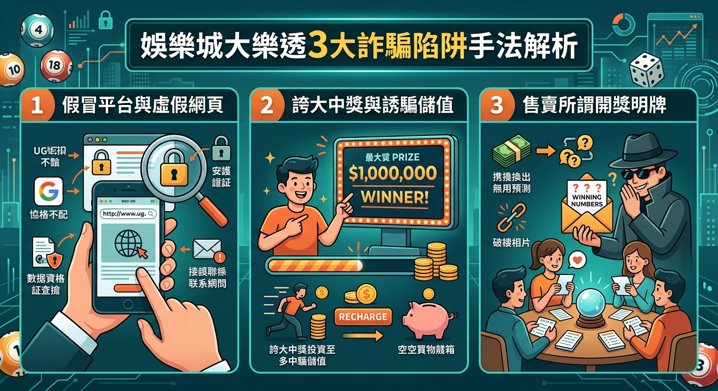 這張圖片以綠色系為背景,採用長幅圖表(Infographic)風格設計,頂部標題為「娛樂城大樂透3大詐騙陷阱手法解析」。 畫面下方分為三個區塊,分別透過插圖與步驟流程說明假冒網站、誘騙儲值以及販售假牌等常見詐騙手法。